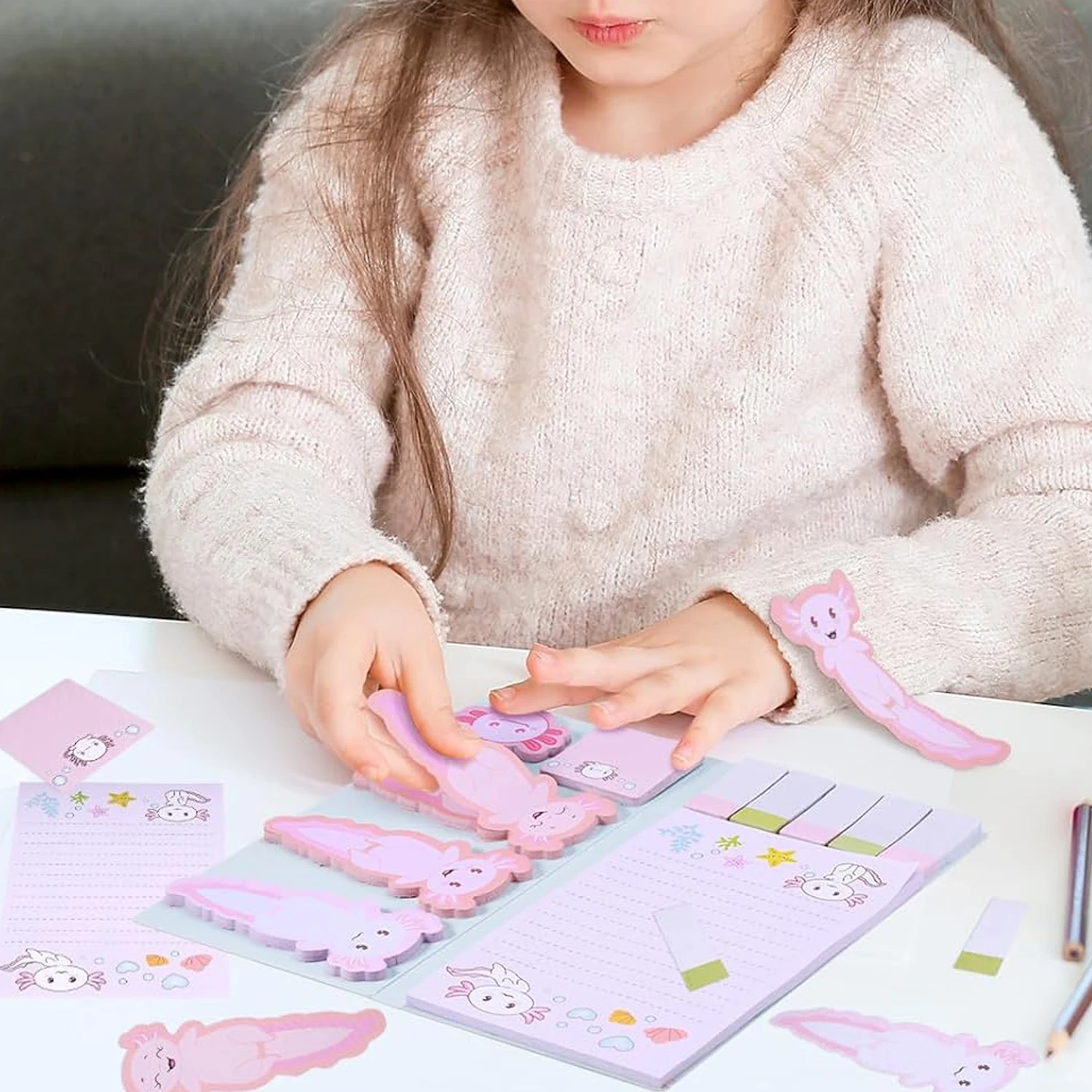 1/2 Sets Axolotl Haftnotizen Niedliche Cartoon Rosa Notizblöcke Weihnachts-Geschenkset für Mädchen Partyzubehör Schulbedarf für Schüler Schule Büro – Detail 3