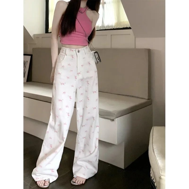 

White floral straight jeans women's early autumn new thin loose high waist covered Joker slim casual wide-leg pants. jeans