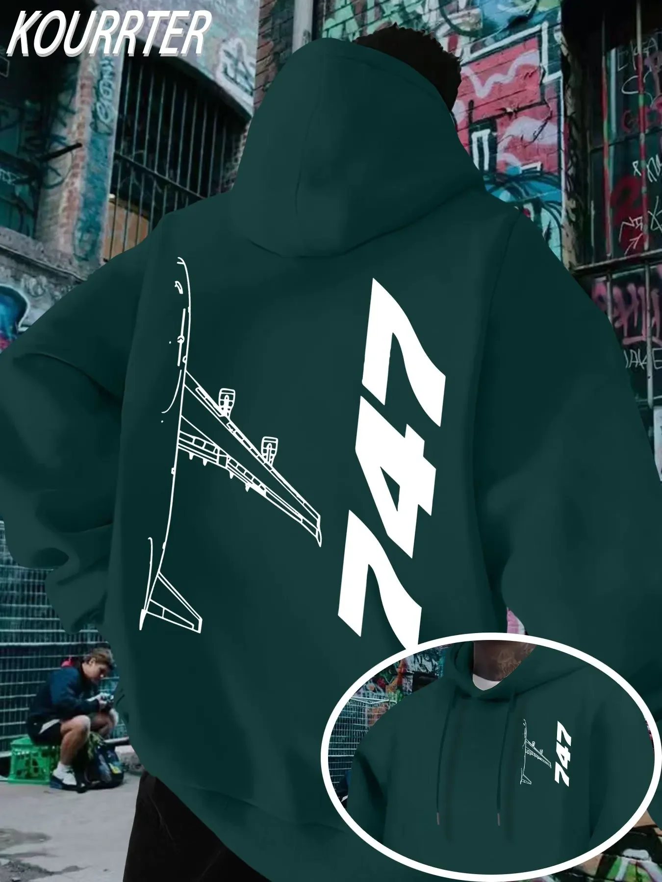 Men Boeing 747 Aircraft Outline Graphic Hoodie, Plane Sketch Front & Back Print Unisex Loose Pullover