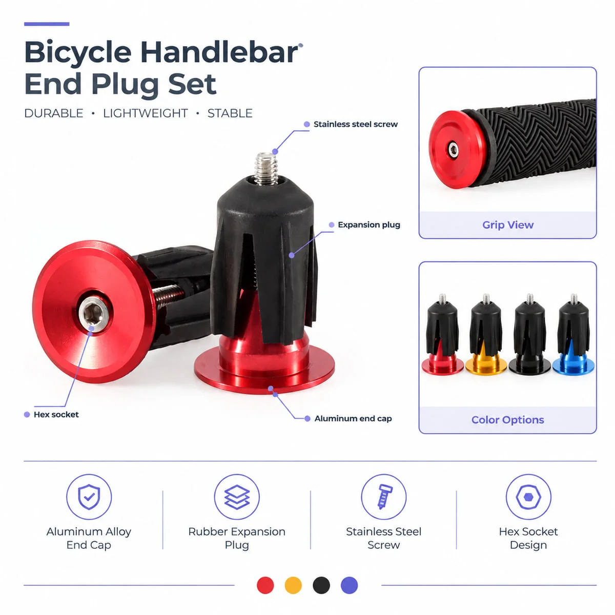 1Pair Mountain Bike Handlebar Plugs Aluminum Alloy Bar End Caps Bicycle Grip Inserts Cycling Replacement Component Accessory
