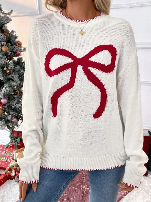 Fashionable Loose Long Sleeved Round Neck Christmas Sweaterbutterfly Knot Simple and Personalized Casual Sweater for Women