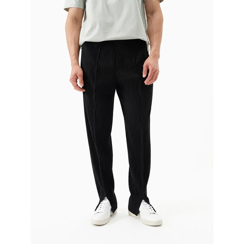 Miyake Pleated Slit Pants Mens High Waist Loose Trousers Drape Fabric Breathable Casual Black Streetwear