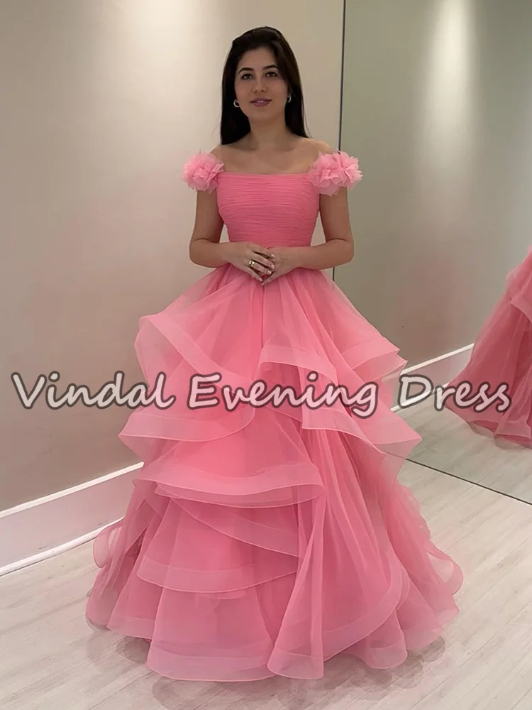 Vindal طويل الكشكشة فساتين لحضور الحفلات الموسيقية مطوي تول خارج الكتف الوردي المرأة مساء فستان فاخر رسمي خاص حفلة ثوب مخصص