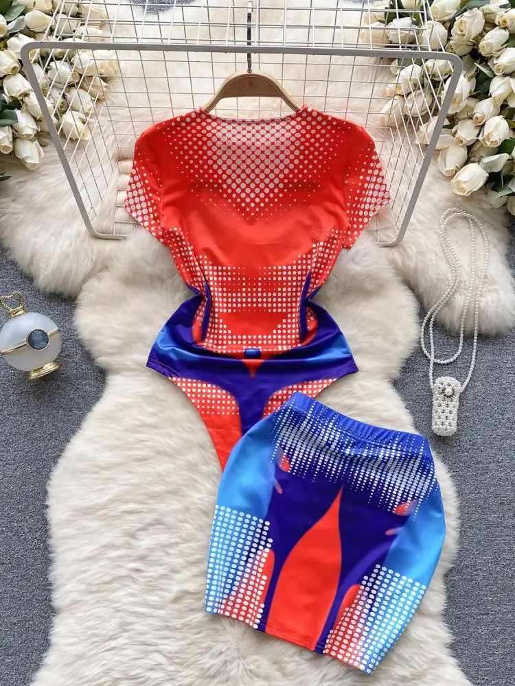 女性用ツーピースパッチワークプリントセット,半袖,ラウンドネック,伸縮性ウエスト,レトロファッション,y2k