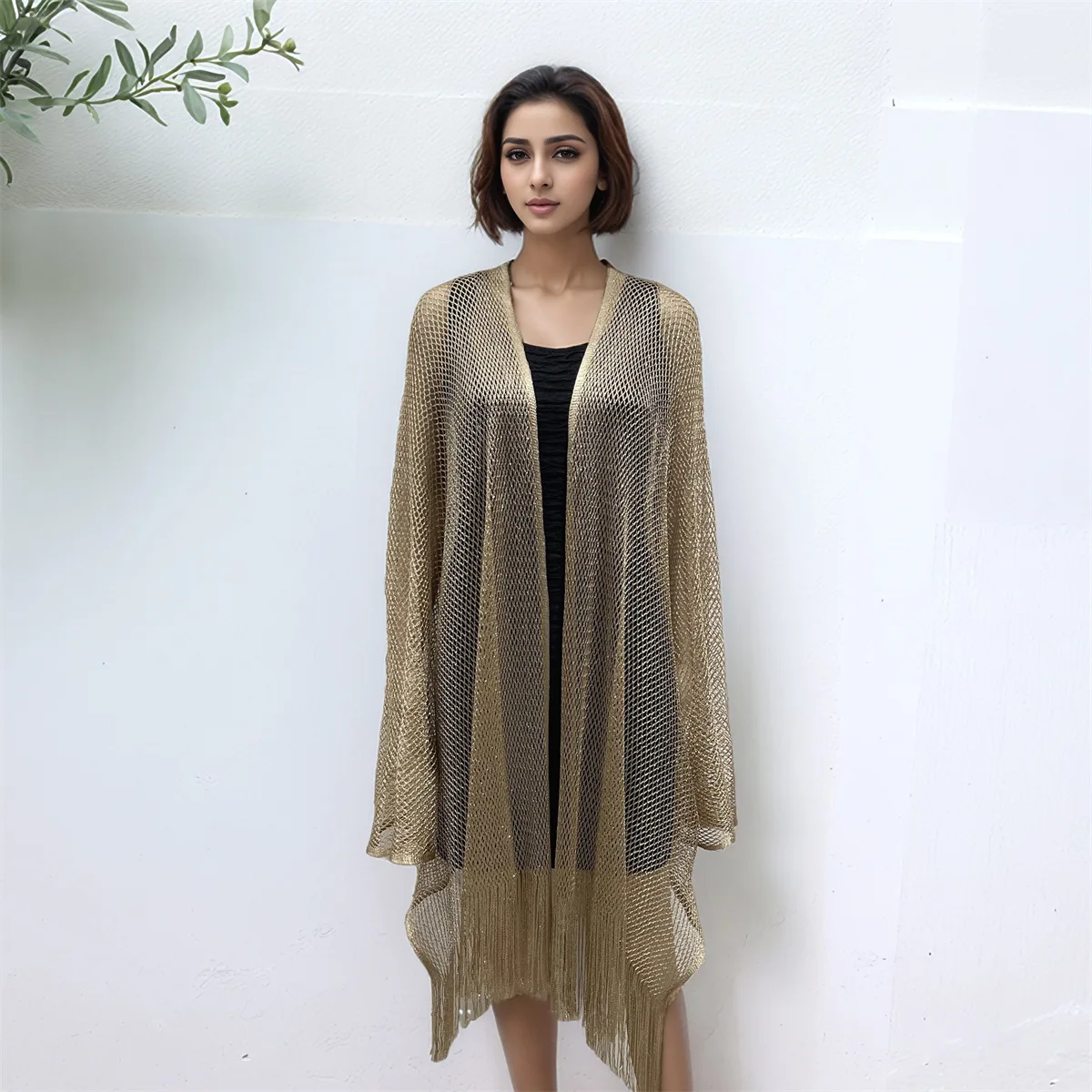 Women's Mesh Hollowed out Poncho Summer Beach Hoodie Skirt Loose Tassel Knitted Shawl Swimsuit Sunscreen Coat