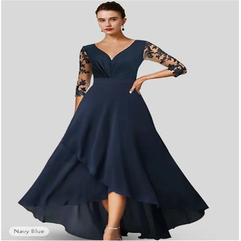 

A-Line Mother of the Bride Dress Wedding Guest Elegant High Low V Neck Asymmetrical Tea Length Chiffon Lace 3/4 Length Sleeve