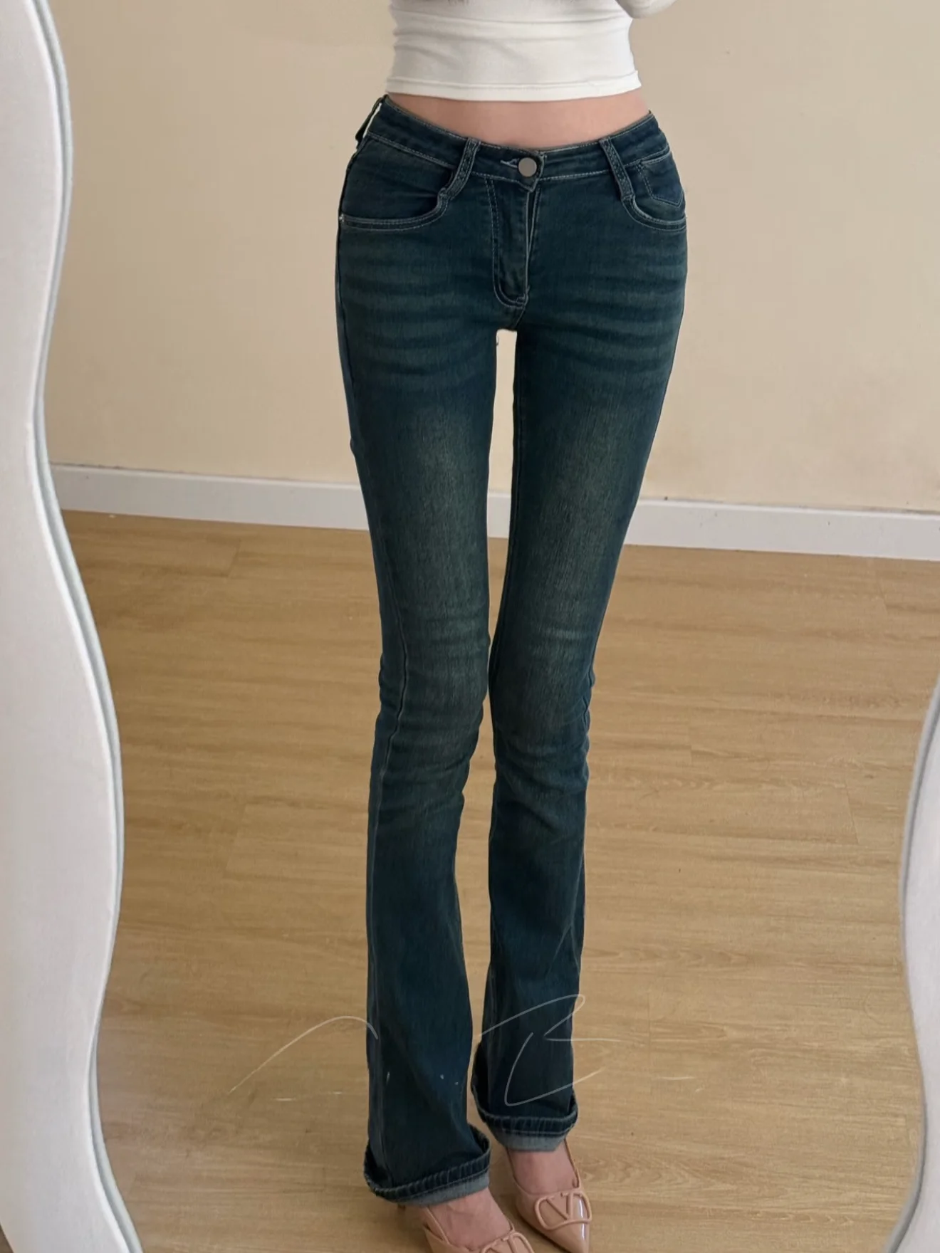 

Ретро джинсы с эффектом потертости, с низкой посадкой, эластичные, микро-клеш, осенние, новые, утягивающие, длинные брюки, женские, из высокоэластичного хлопкового стрейч-денима