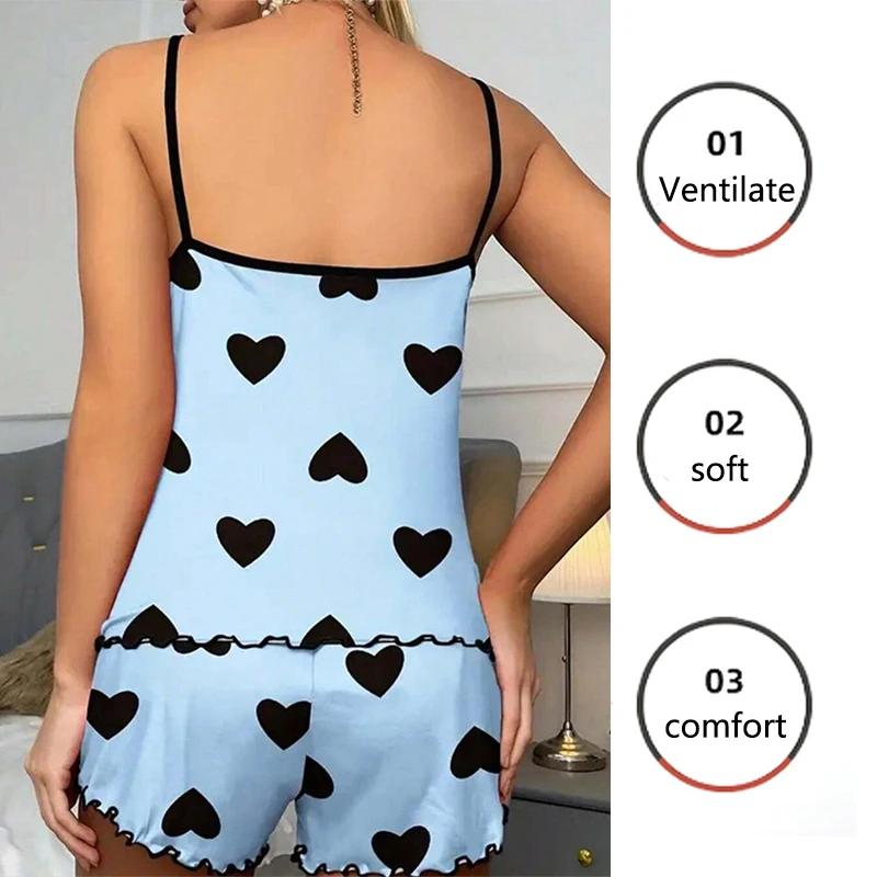 Women Pajamas Two Piece Sexy Casual Camisole Tank Top Shorts Set Strapless Halter Elastic Waist Shorts Blue Set S-Xl Girls Cloth