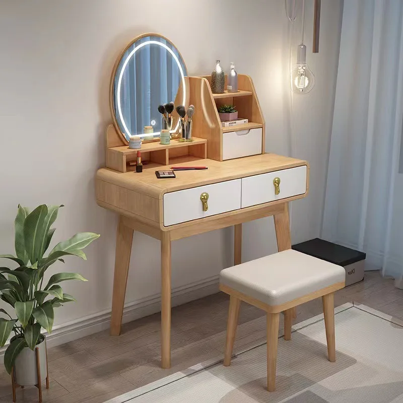 Nordic-Style Solid Wood LED Vanity Light Strip Mirror Modern Minimalist Makeup Table for Hotel Small Bedrooms (Trending Online)