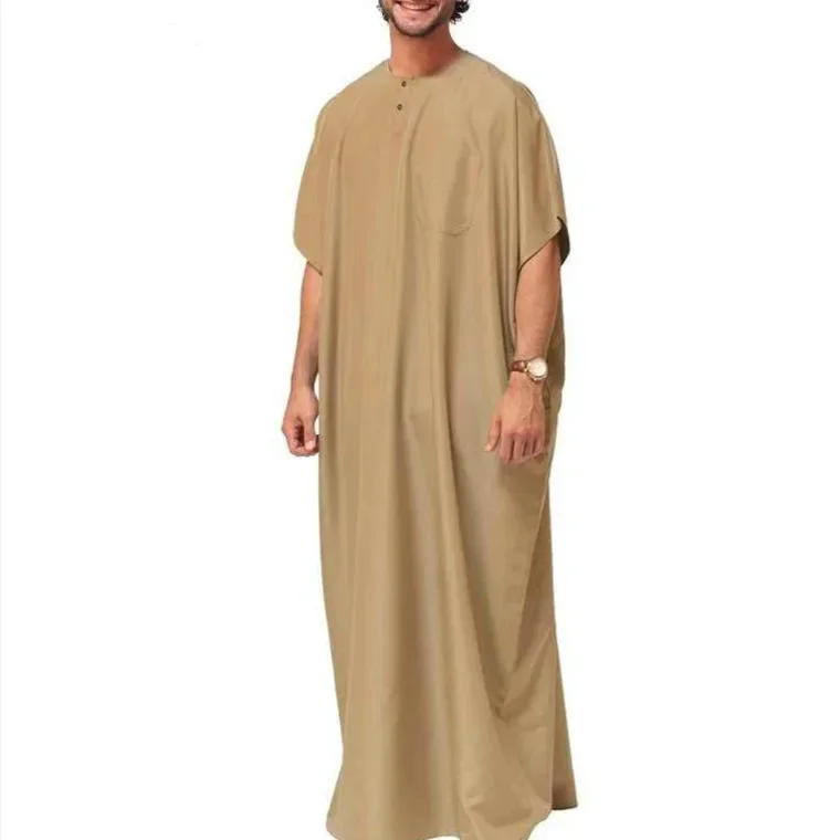 Abaya Mannen Nieuwe Stijl Moslim Islamitische Kaftan Effen Kleur Mode Korte Mouw Shirt Kaftan Midden-Oosten Dubai Heren Casual Gewaden