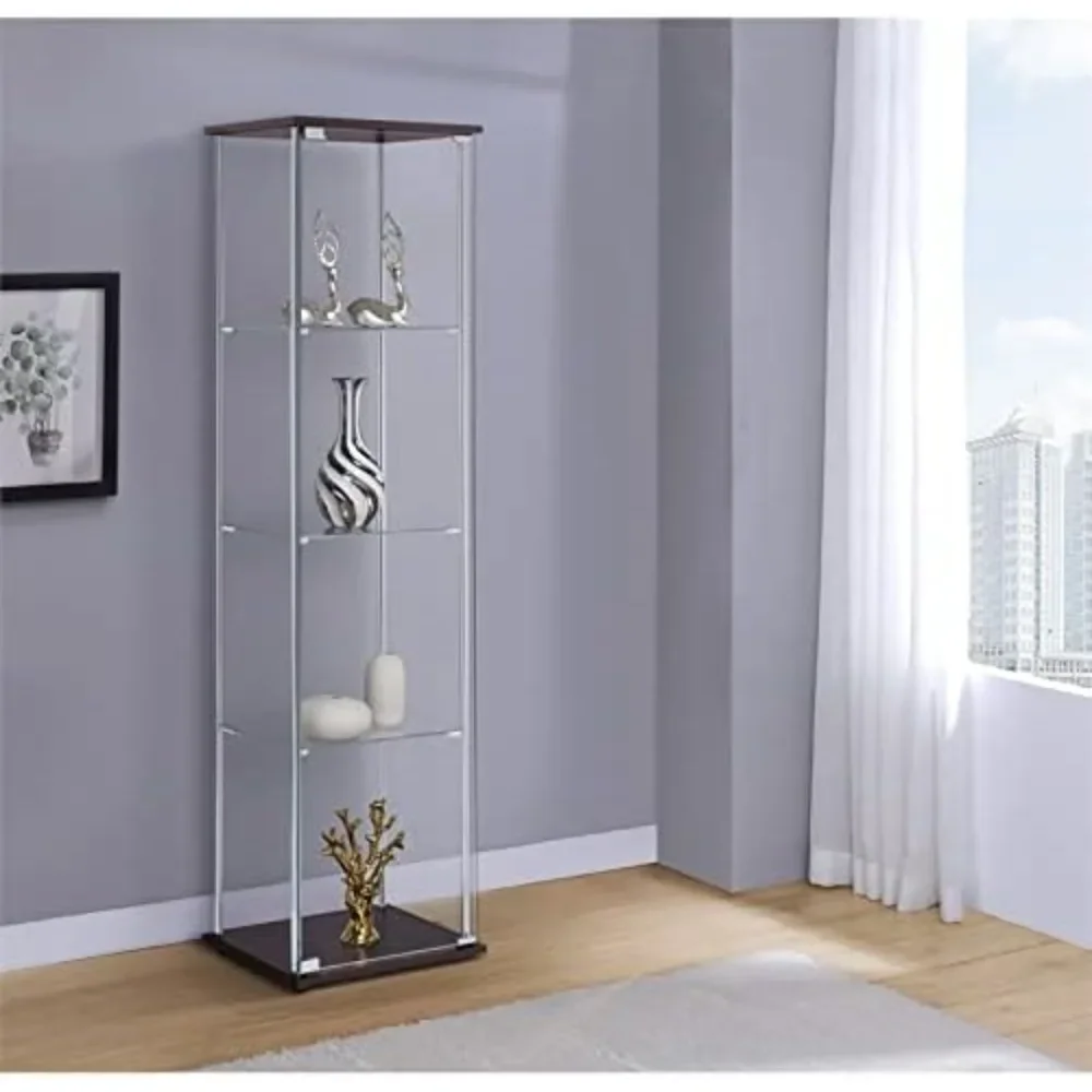 Living Room Displays Cabinets, with Chrome Support Beams and Cappuccino Brown TopBase,  4 Shelf Glass Display Case Cabinet