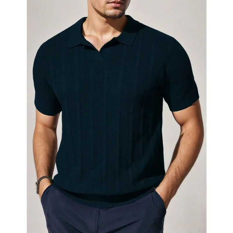 

Men's Solid Color Short Sleeve Shirt Textured Polo Neck Casual Knit Top