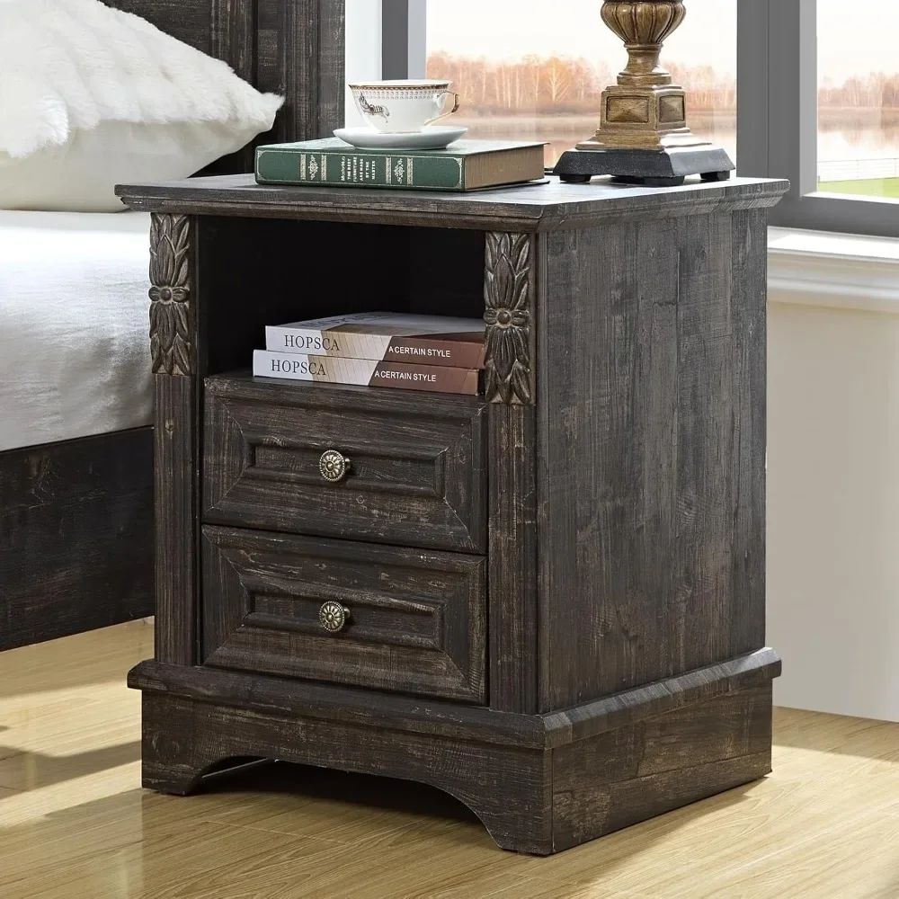 

Nightstand wtih Charging Station, 20" End Table with 2 Drawers, Farmhouse Side Table Storage Cabinet with Carved Pilasters