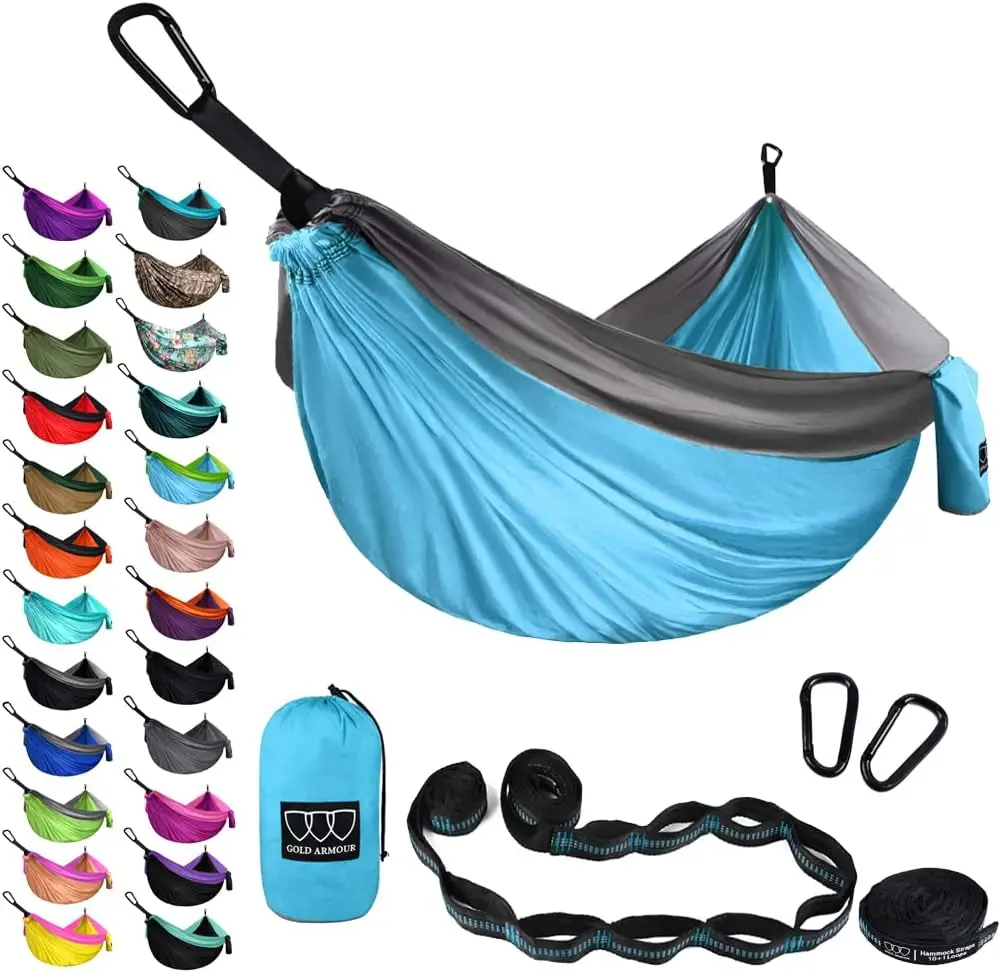 

Гамак Gold Armour Camping Hammock - XL, двойной, портативный, для кемпинга, аксессуары для активного отдыха на природе и в помещении, с ремнями для крепления к деревьям, U-образный.