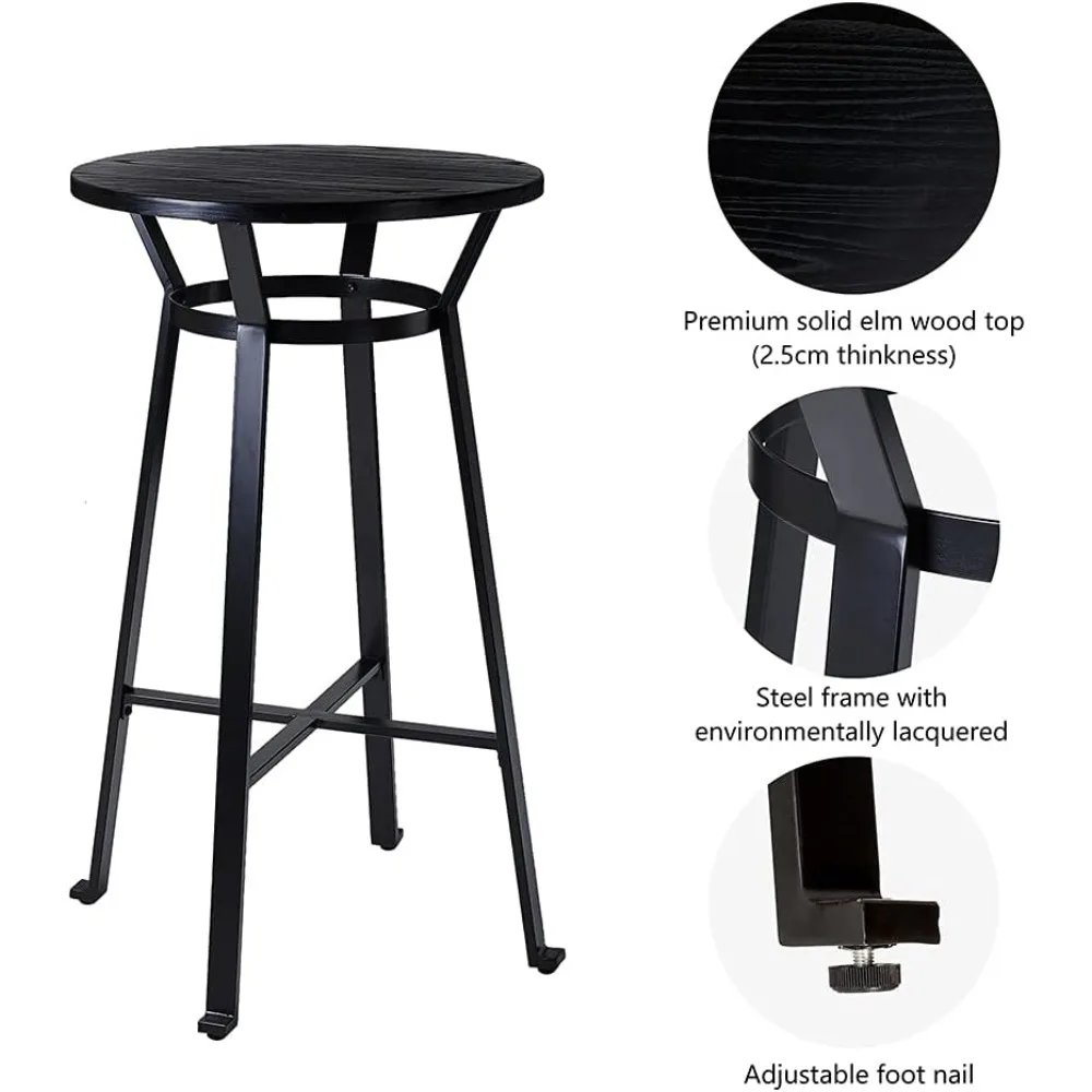 Bar Table and Chairs Dining Set, Black Steel Round Bars Table with Soild Elm Wood Top and White Leatherette Bars Stools for Bar