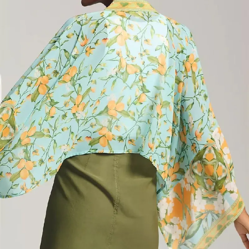 2023 BOHO Women Green Fruit Lemon Print Kimono Shirt Batwing Sleeve V-Neck Lacing Up Bow Tide Cardigan Summer Beach Cape Shawls