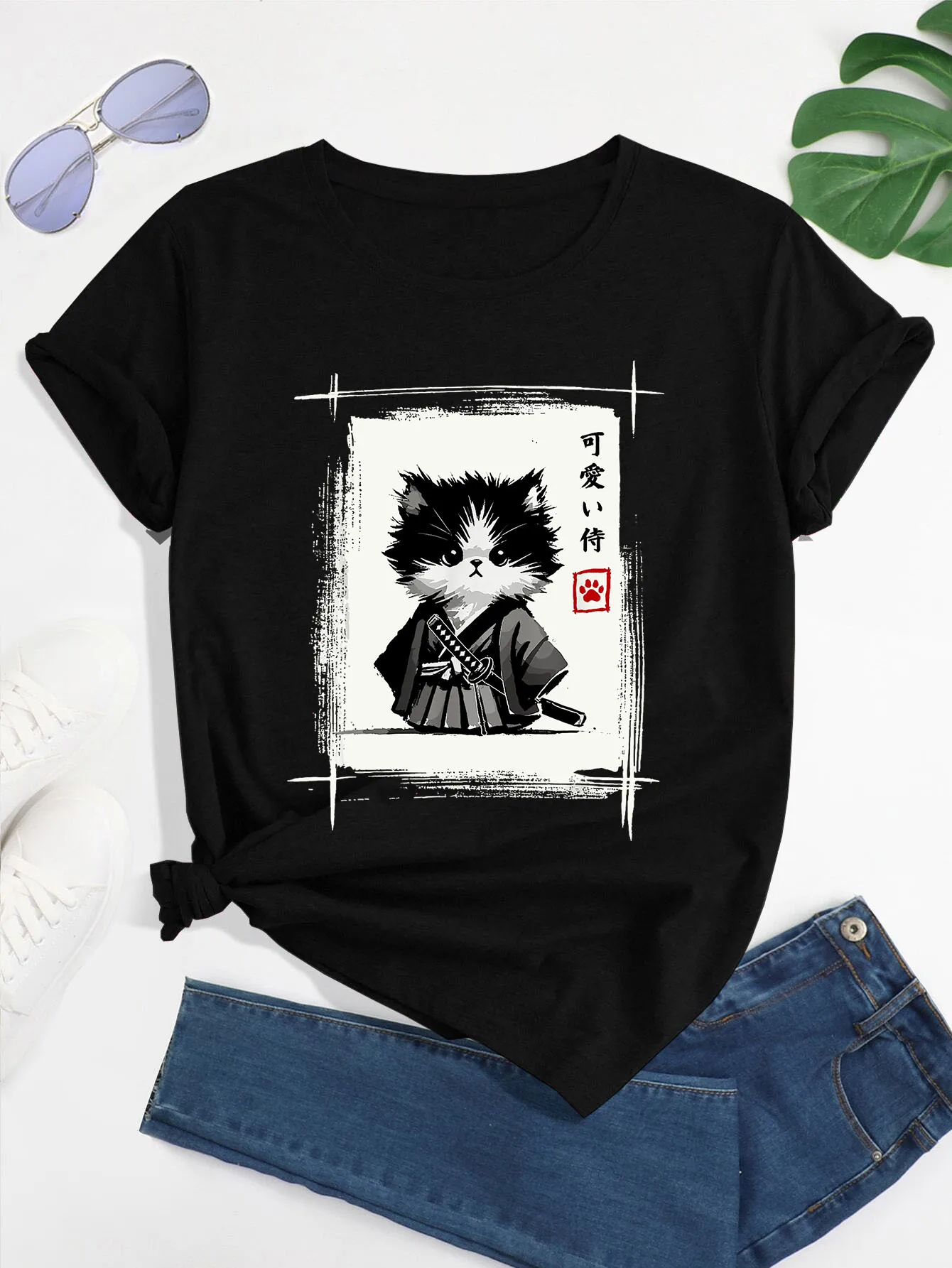 Samurai Cat Japanese Art Sumi-E Novelty Kawaii Funny Cat Print T-Shirt, Short Sleeve Crew Neck Casual Top for Summer & Spring, Women'S Clothing