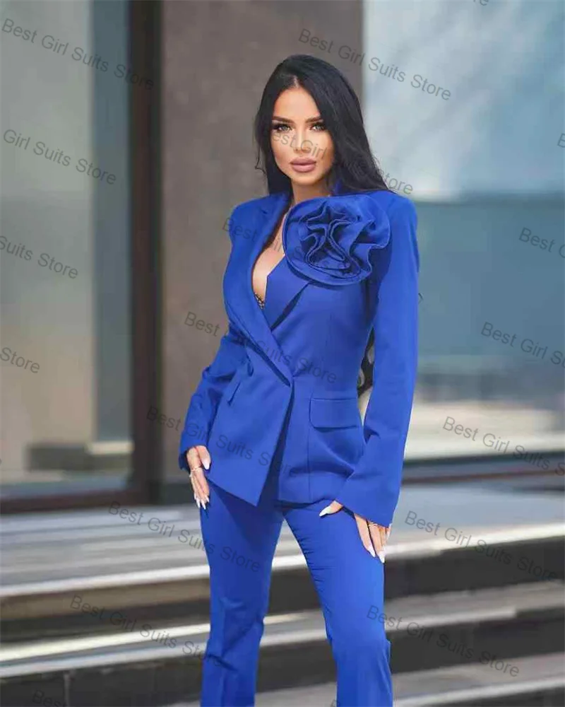 

Blue Women Suit Set 2 Pcs Blazer Pants 3D Flower Fall Autumn Cotton Formal Office Lady Jacket Customized Wedding Trousers