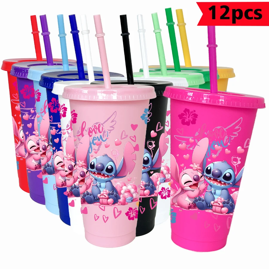 

12 Pcs/pack Disney Stitch Angel Print 26oz Colorful Plastic Tumbler Birthday Party Drinkware Juice Coffee Cup