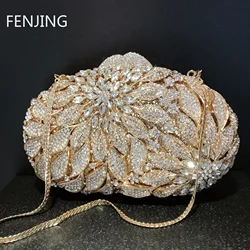 Gold Metal Leaves White Crystals Evening Clutch Bags Luxury Women Wedding Party Purse Ball Handbags Rhinestone Mini Shell Bag