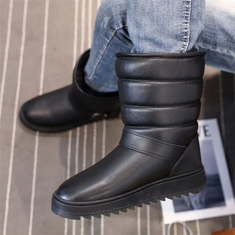 Men's Mid Calf Winter Warm Fleece Lined Snow Boots Soft Sole Cotton Padded Waterproof Anti Slip Thickened High Top Outdoor Black