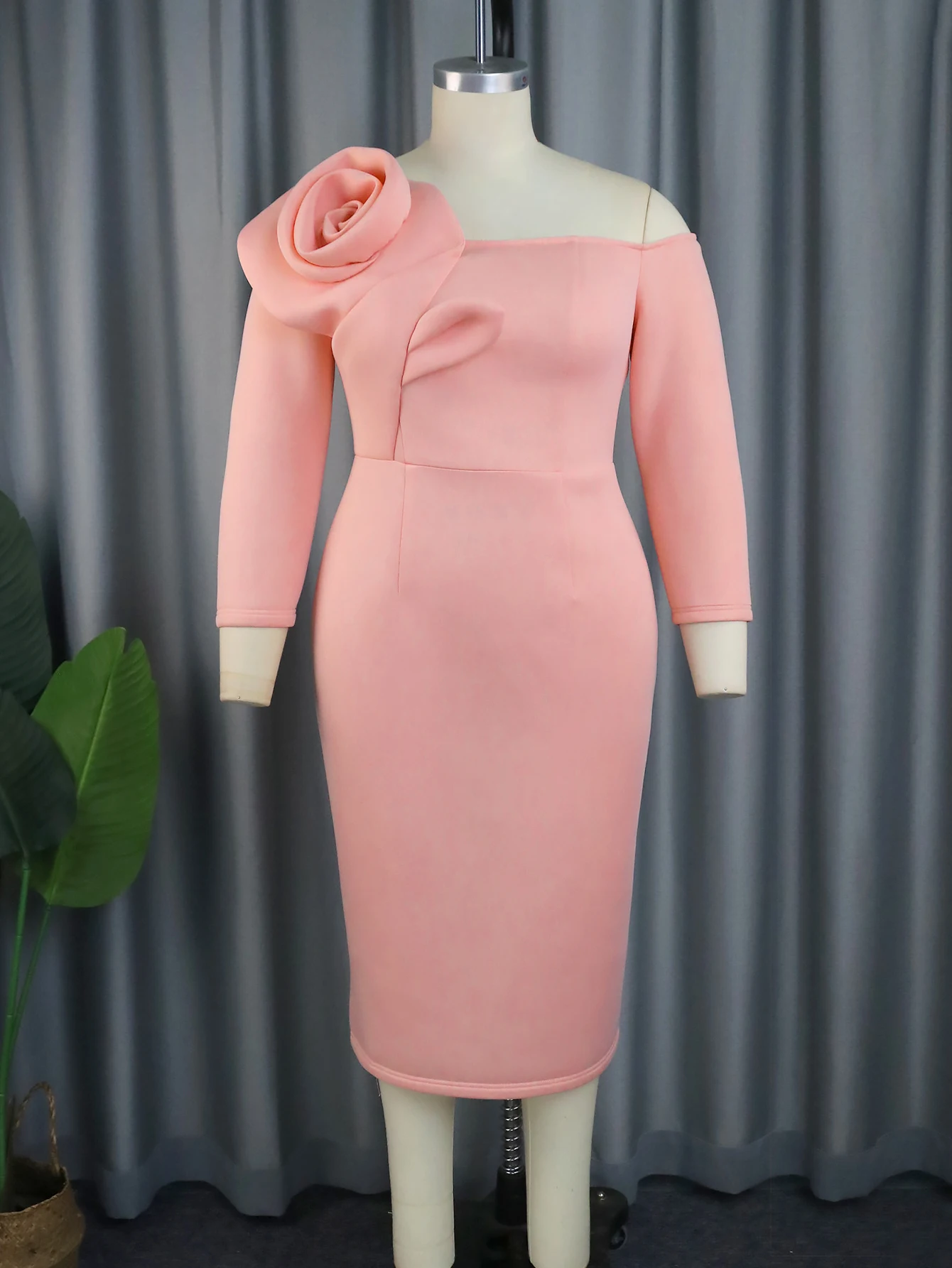 Cold Shoulder Dresses Pink Wrist Sleeve Flower Bodycon Large Size Women Evening Event Party Midi Gowns Outfits 3XL 4XL