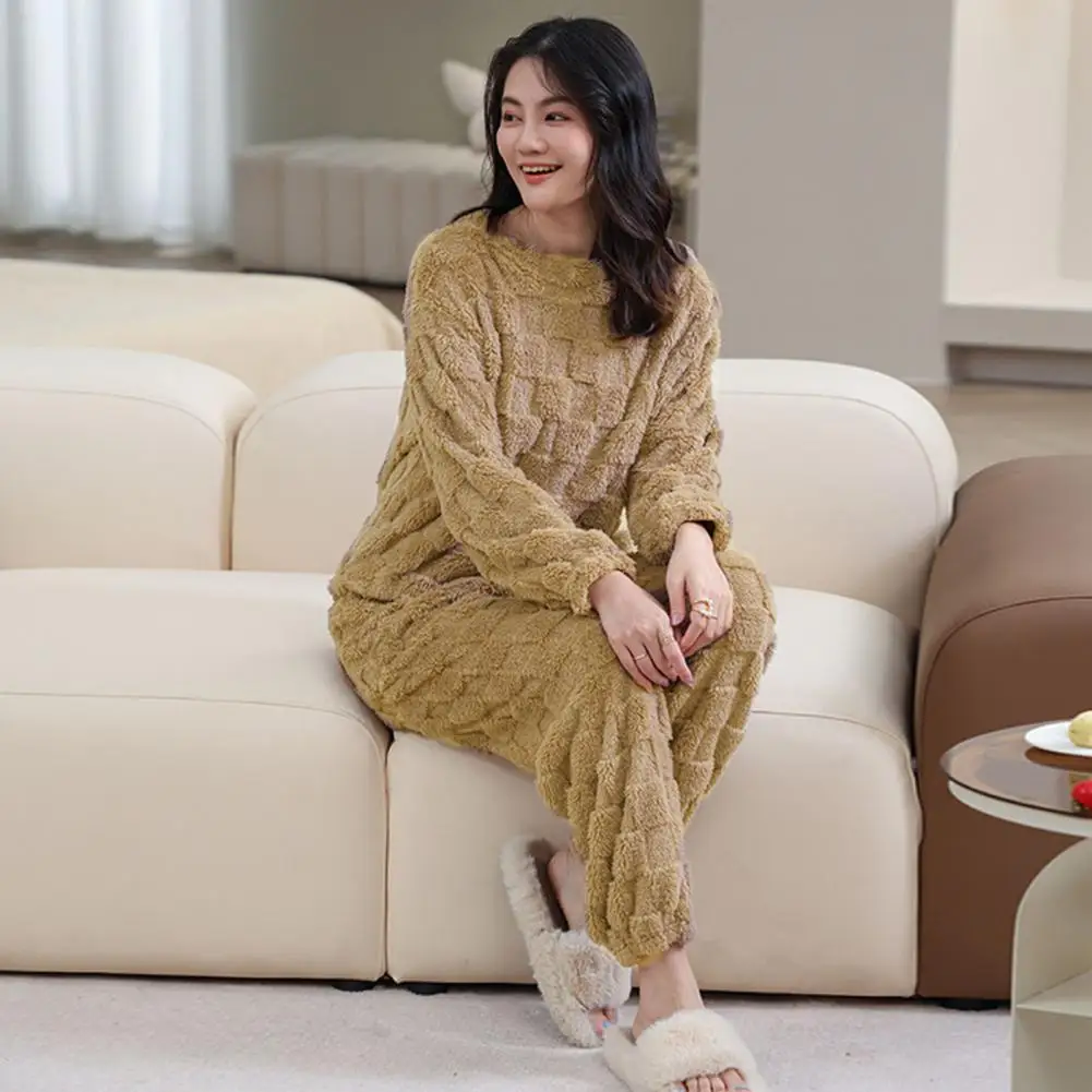 

2 Pcs/Set Winter Pajamas Set Thickened Coral Fleece Checked Long Sleeves Top Elastic Waist Trousers Homewear Loungewear Lady Sle