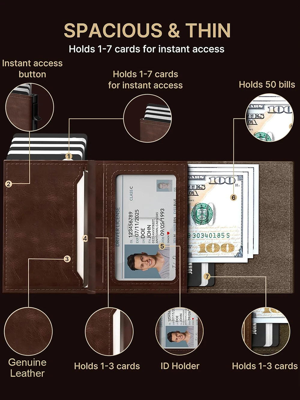 Men Card Holder Wallet for AirTag with Positioning Slot Metal Purse Triple Fold RFID Blocking Credit Card Clip Money Storage Bag