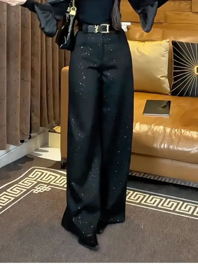 New Luxury Fashion Sequin Women's Pants High End Elegant High Waist Solid Color Wide Leg Trousers Office Lady Spring Autumn