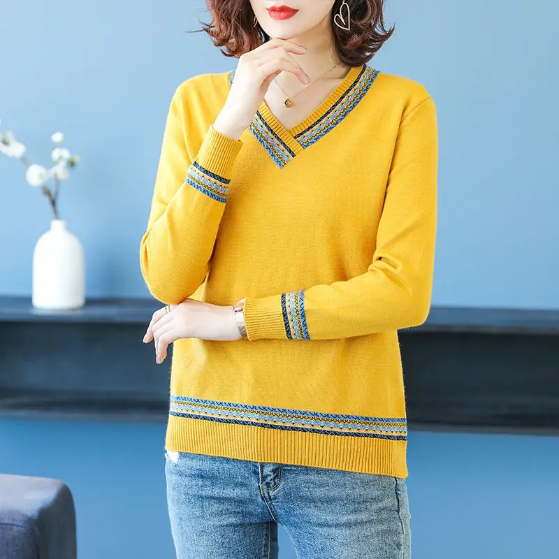 Vintage Bright Colors V-Neck Autumn Winter Pullovers Acrylic Slight Strech Slim Appliques Solid Women\'s Clothing Hot Selling