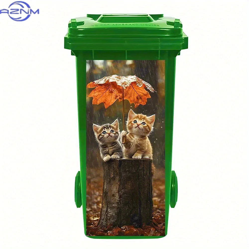 Charming Kitten Design Featuring a Leaf Umbrella - a PVC Sticker for Trash Cans That Is Waterproof And Easy to Remove, Perfect