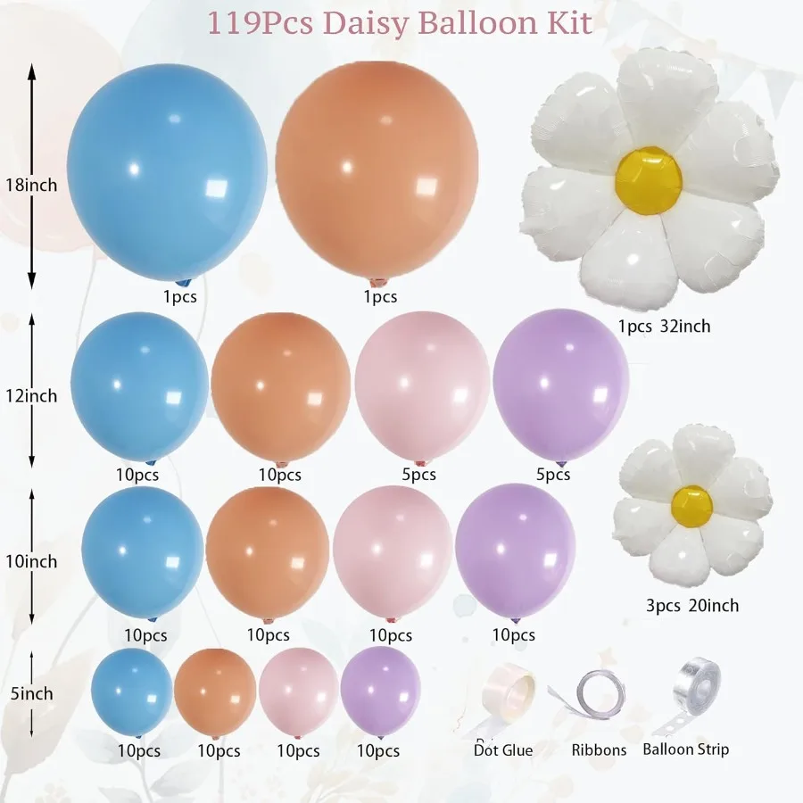 طقم قوس بالونات الخوخ الأزرق مكون من 119 قطعة مع بالونات زهرة الأقحوان الوردية الباستيل مثالية لتزيين أعياد ميلاد الفتيات