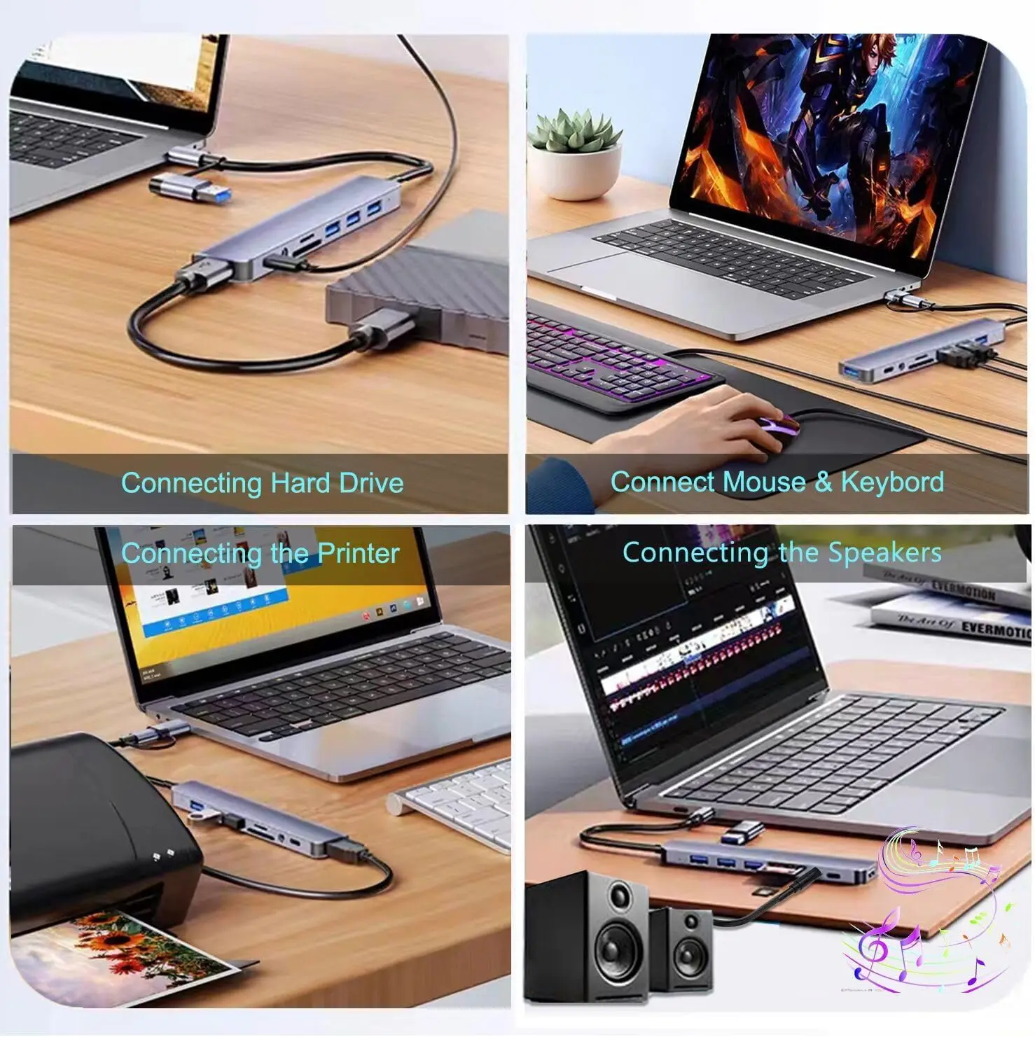 8 في 1 USB C Hub Splitter 4 منافذ USB 1 USB-C Jack TF/SD قارئ بطاقات 3.5 ملم مخرج صوت مع MacBook Pro وiPad Pro وأجهزة الكمبيوتر المحمولة