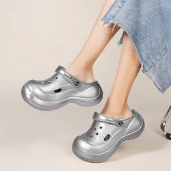 2024 New Fashion Clogs Girls Platform Slippers Thick Sole 2 Way Wear Metallic Color Summer Street Shoes Woman High Heel Sandals