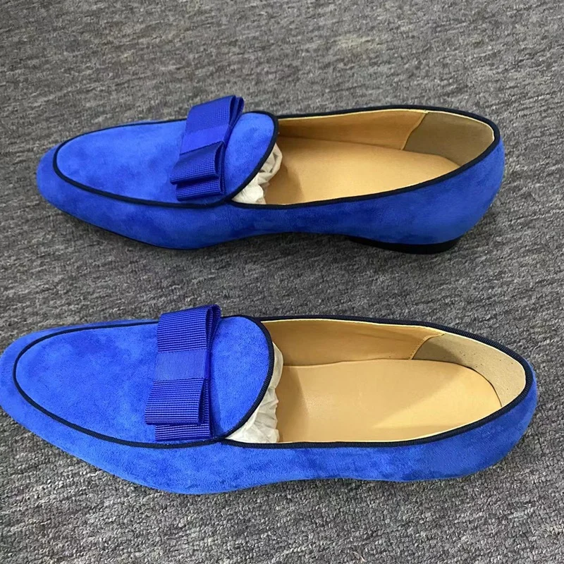 New Fashion Blue Cow Suede Loafers Bowtie Slip On Men Dress Shoes Handmade Designer Shoes Gentlemen Smoking Flats Slippers