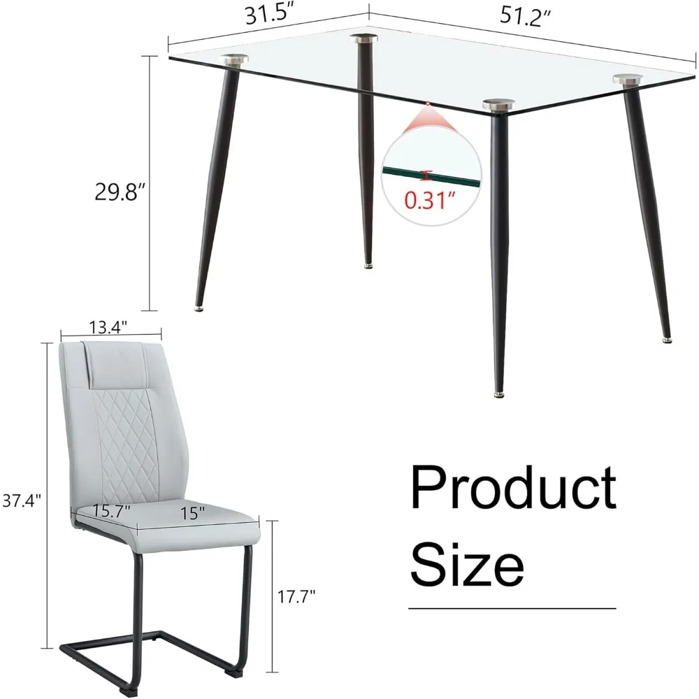 4-person Glass Dining Table Set, Suitable for 4-person Dining Table Set, Restaurant Set with Transparent Tempered Glass Tabletop