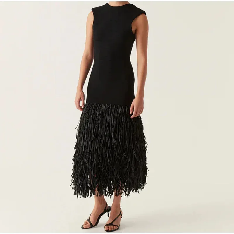 

2025 Dress Women Elegant Fashion Beautiful Women's Dresses Party Dress Personality Street Solid Color Patchwork Knit Midi Dress