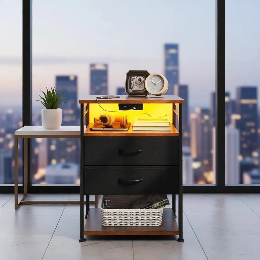 

Vintage 27.6 LED-lit Charging Station Nightstand with Drawers for Bedroom or Living Room