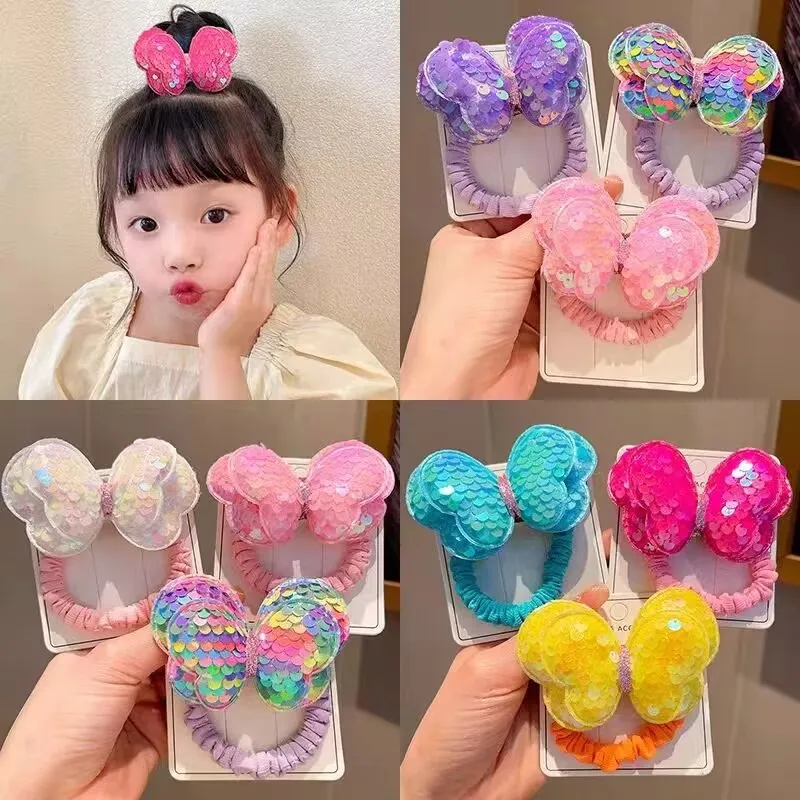 3PCS Pailletten Haar Seil Kinder Scrunchies Große Schmetterling Krawatte Hohe Pferdeschwanz Geflecht Mädchen Gummiband Headwear Haar Zubehör – Detail 2