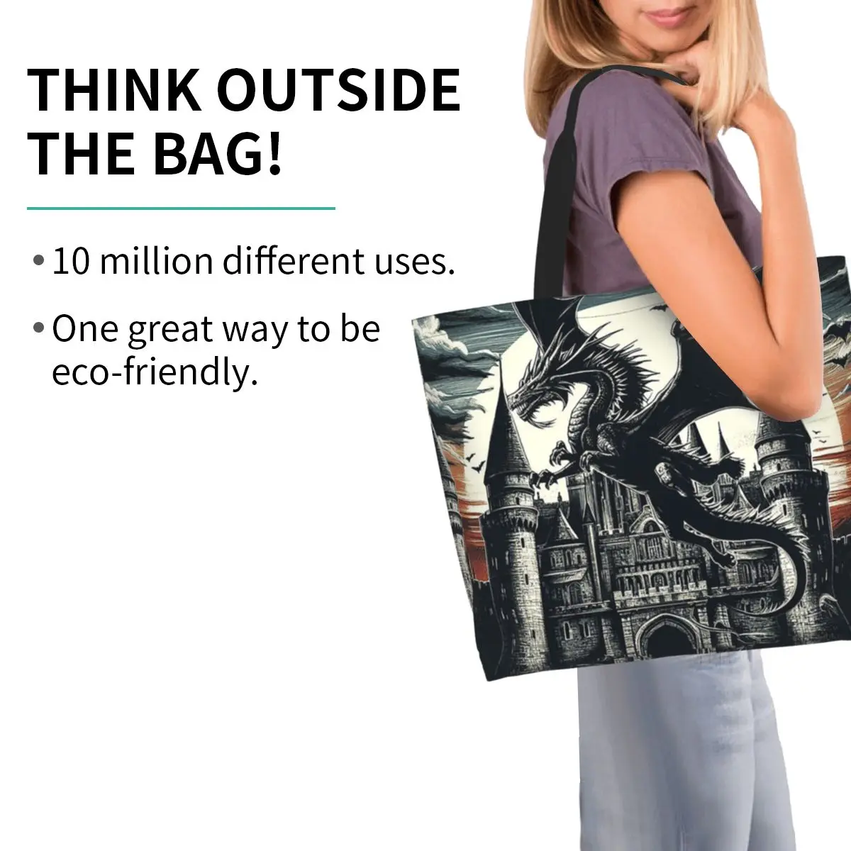 Fantasy Mythical Dragon And Castle Shopping Tote Bag Canvas Large Capacity Shoulder Bags Shopper Grocery Handbag for Women