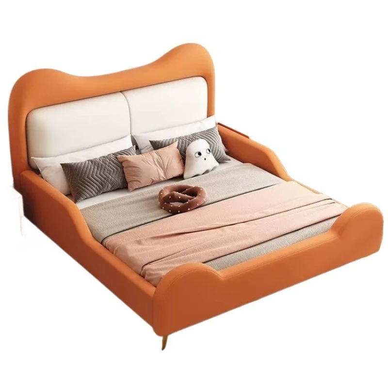 Cream style, master bedroom modern double bed, simple leather