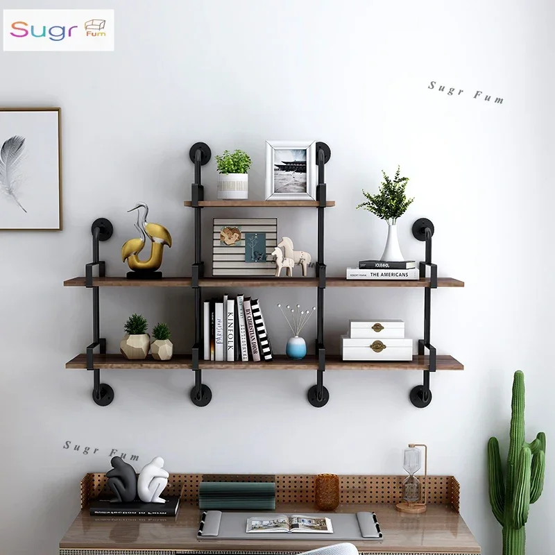 

Полка из кованого железа в индустриальном стиле, настенная книжная полка из цельного дерева, бар, ресторан, настенная подвесная полка, украшение для парикмахерской