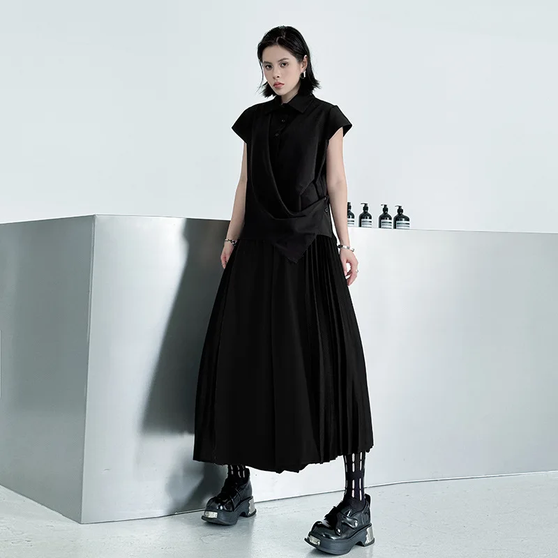 Women Pleated Pant Spliced Capris Color Block Empire Elastic Waist Wide Leg Pant Loose High Strech Streetwear Casual 2025 Autumn