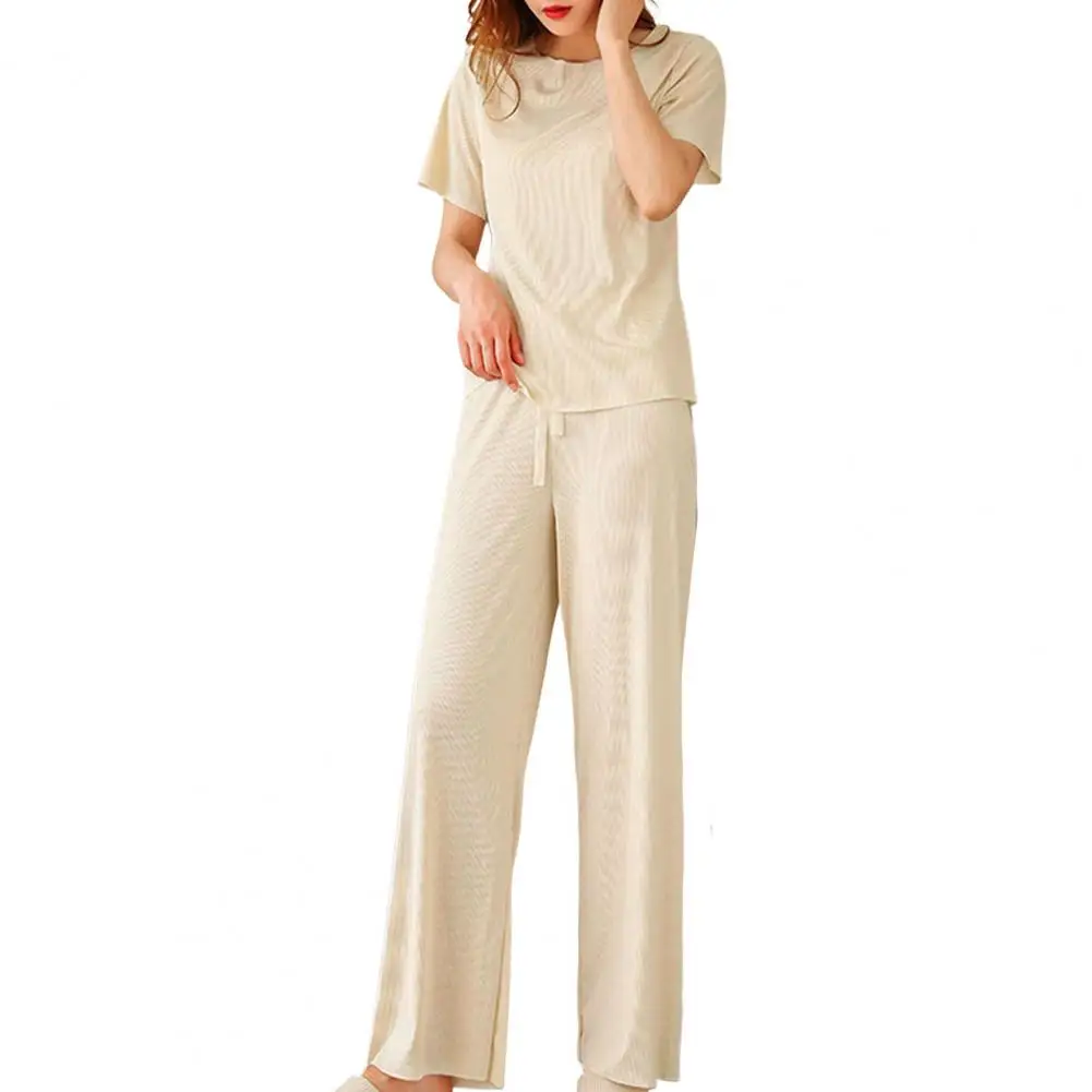 Women 2Pcs/Set O-neck Short Sleeve Outfit Drawstring Straight Wide Leg Ice Silk T-shirt Pants Loungewear Set