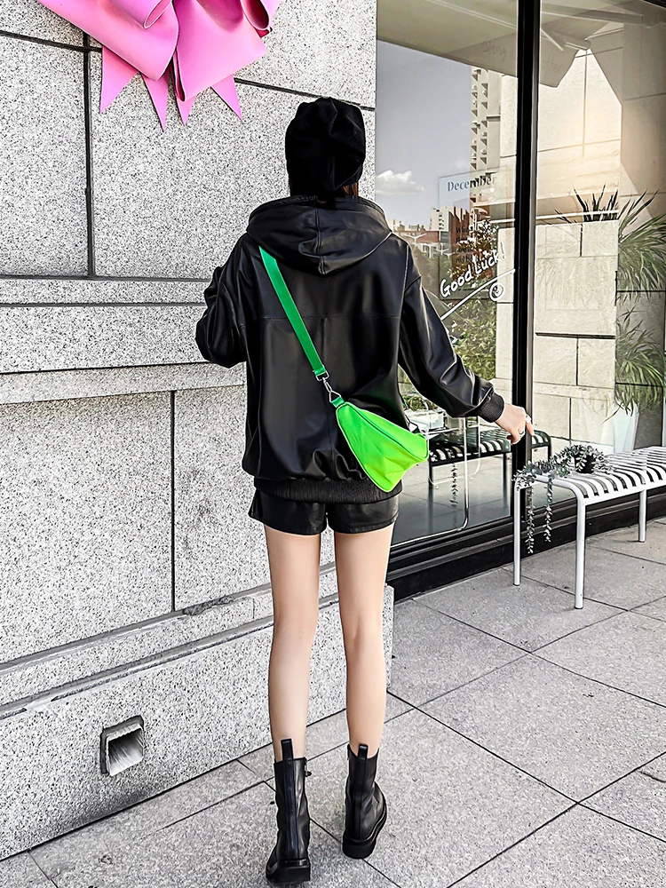 High Street Spring Women Oversized Pullover Genuine Leather Hooded Sweatshirt Loose Fit Outerwear Casual Real Sheepskin Jacket