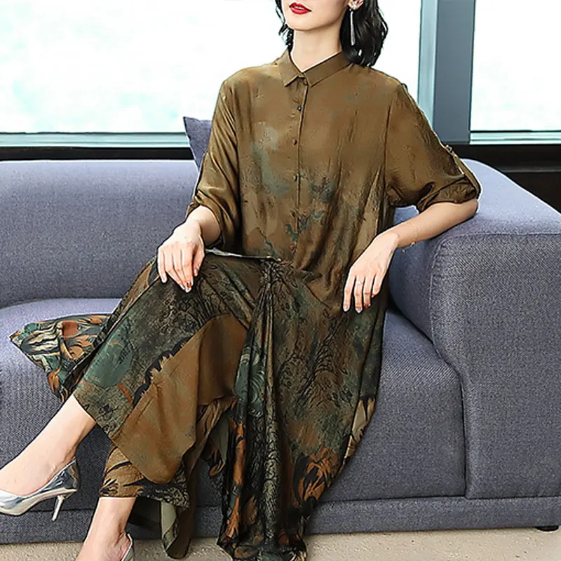 Spring Women's Oversized Two-Piece Wide Suit Mid-Length Loose Wide Leg Trousers Silk Top Nine-Point Wide-Leg Pants Suit Female