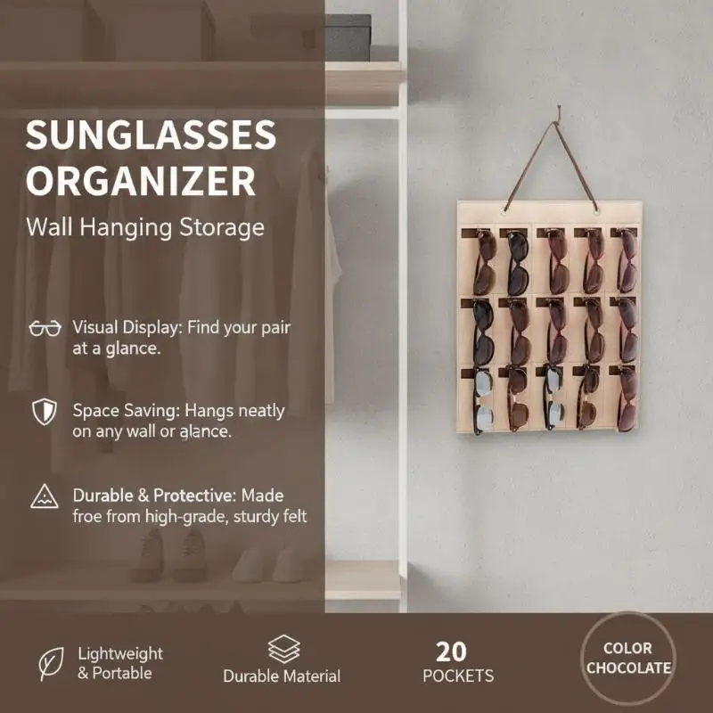 Felt Hanging Sunglasses Organizer 15 Slots Durable Leather Strap No Drilling Required for Door Closet Wall Storage