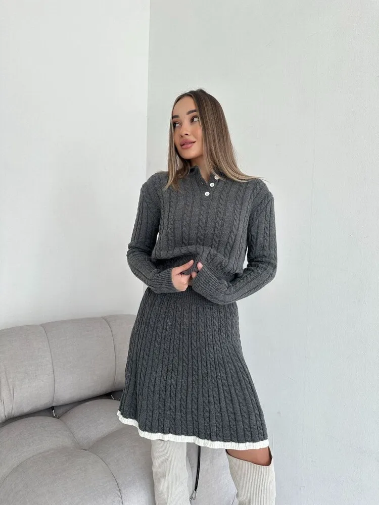 Women Skirt Set Fall Fashion Knitted Two Piece Set Women Long Sleeve Knit Sweater And Short Skirt Suit Casual Women Sweater Set