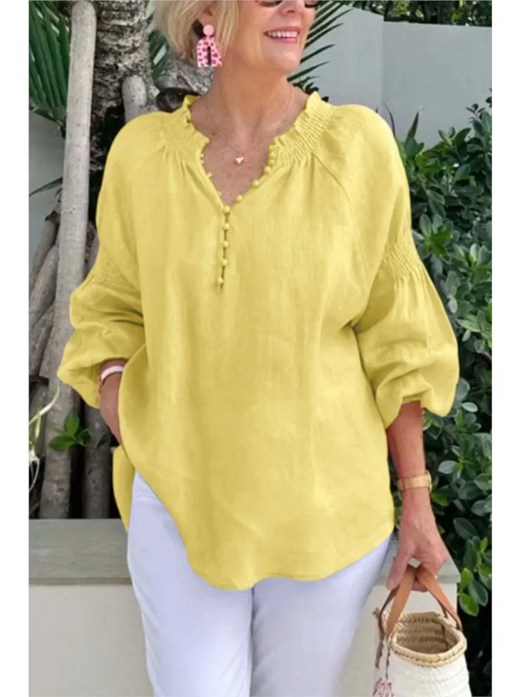 

Модная хлопково-льняная однотонная свободная рубашка на весну и лето, женский повседневный свободный топ с v-образным вырезом и длинными рукавами на пуговицах