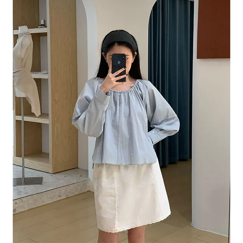 

Retro Faion East Gate 25 oulder Pure Color Pleated Texture Belted irt Women Ele Loose Fit Long Sve round Ne